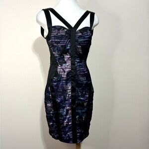 Aiden Mattox Floral Print Ruched Mesh Overlay Dress